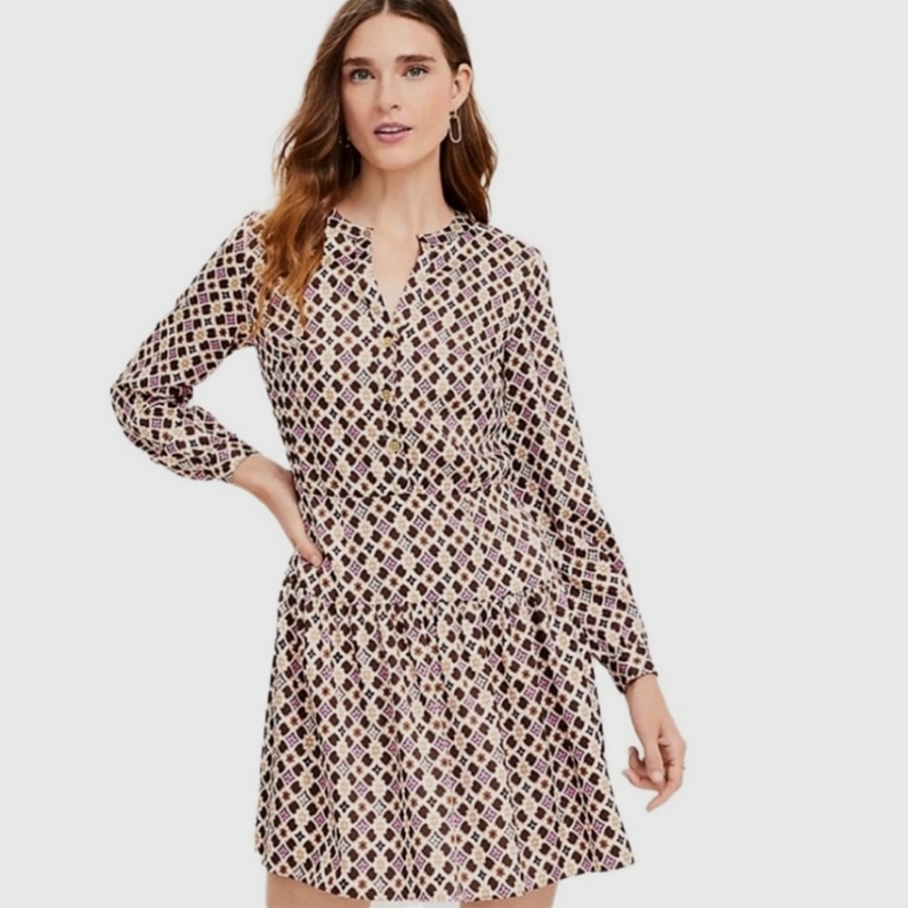 Loft, Geometric Dress, Brown and Pink, Size 12